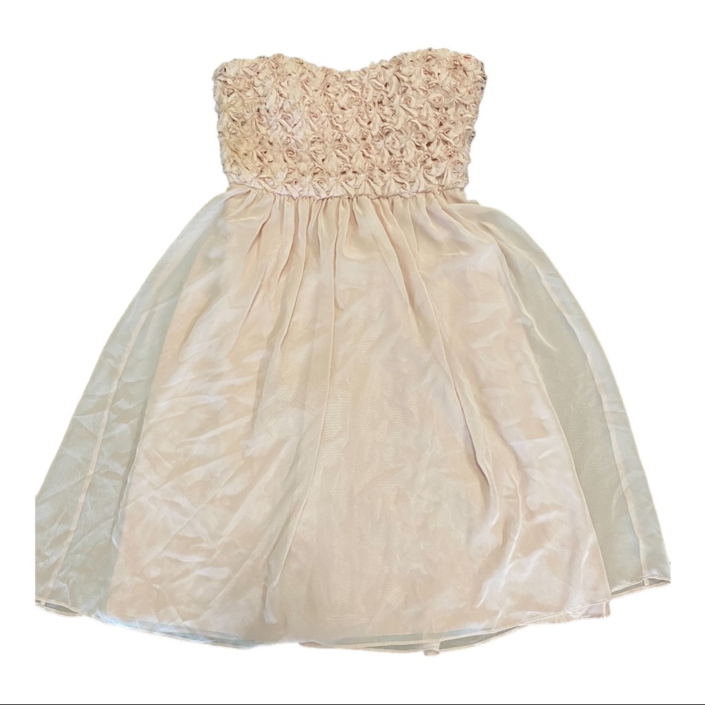 Calvin Klein Strapless Ruched Flower Bodice DRESS Chiffon Beige/Mauve 4